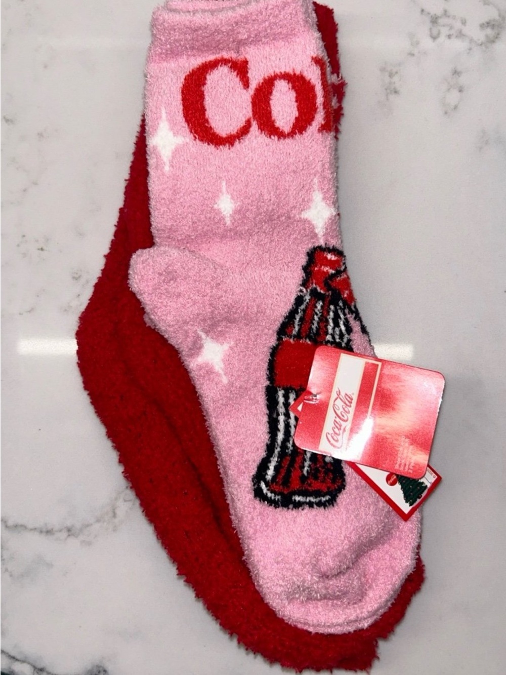 Coca-Cola Pink & Red Plush Socks with Bottle Motif
